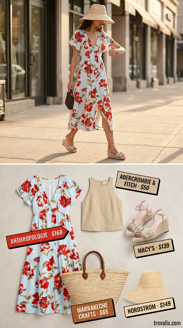 NYC linen summer outfits for women 2026: Pastel floral linen dress for garden party.