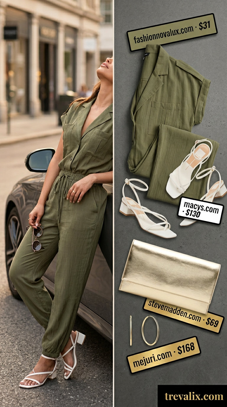 NYC linen summer outfits for women 2026: Khaki utility jumpsuit, heeled sandals for chic day.