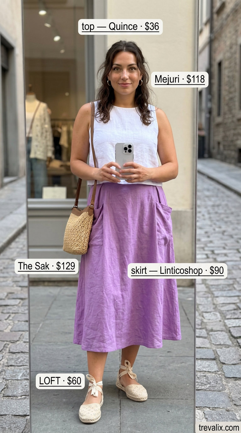 NYC linen summer outfits for women 2026: Lavender midi skirt & white cropped tank top for a casual outing.