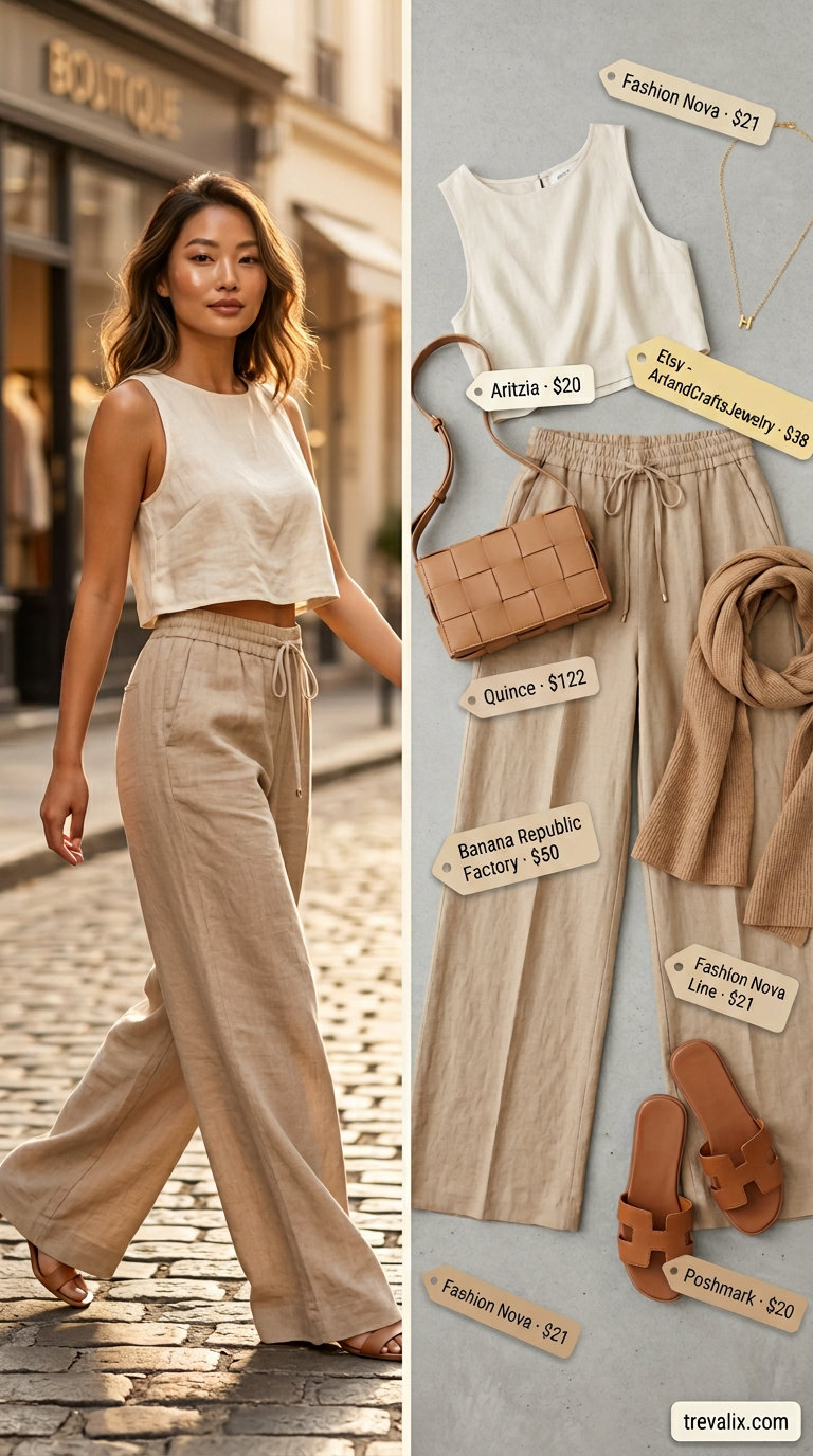 NYC linen summer outfits for women 2026: Sandstone linen wide-leg pants with knit tank for city exploration.