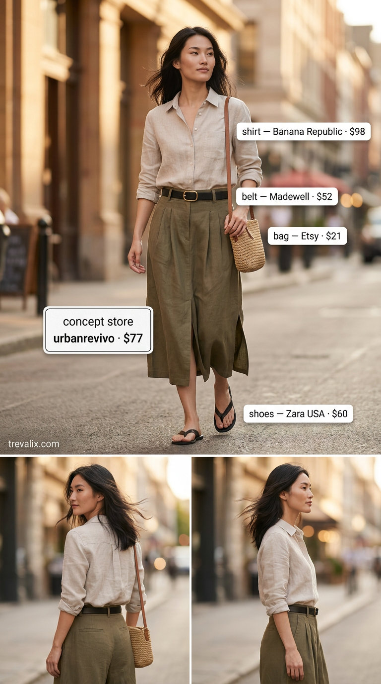 NYC linen summer outfits for women 2026: Linen A-line skirt with oversized white shirt for lunch date.