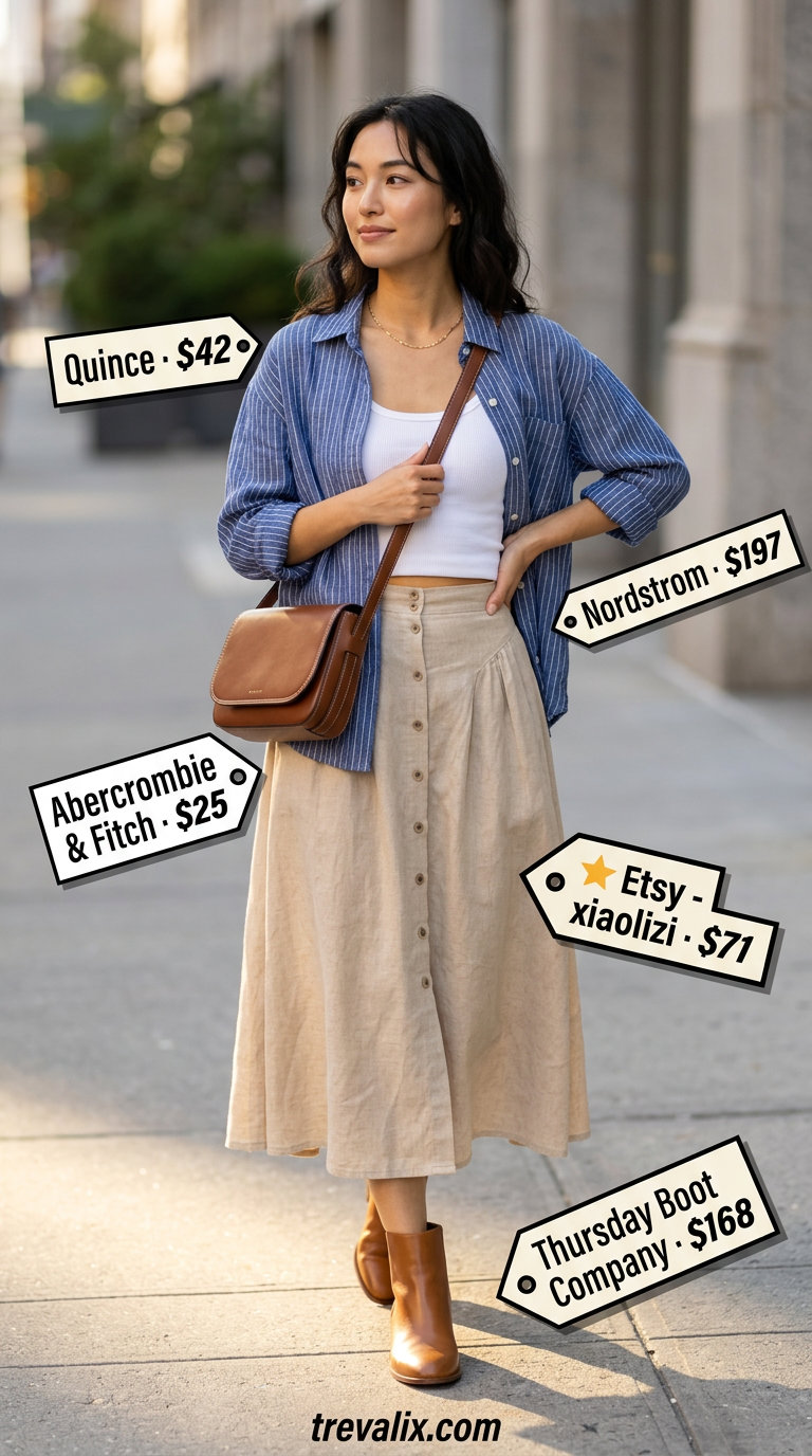 NYC linen summer outfits for women 2026: Natural linen midi skirt, white tank, ankle boots.