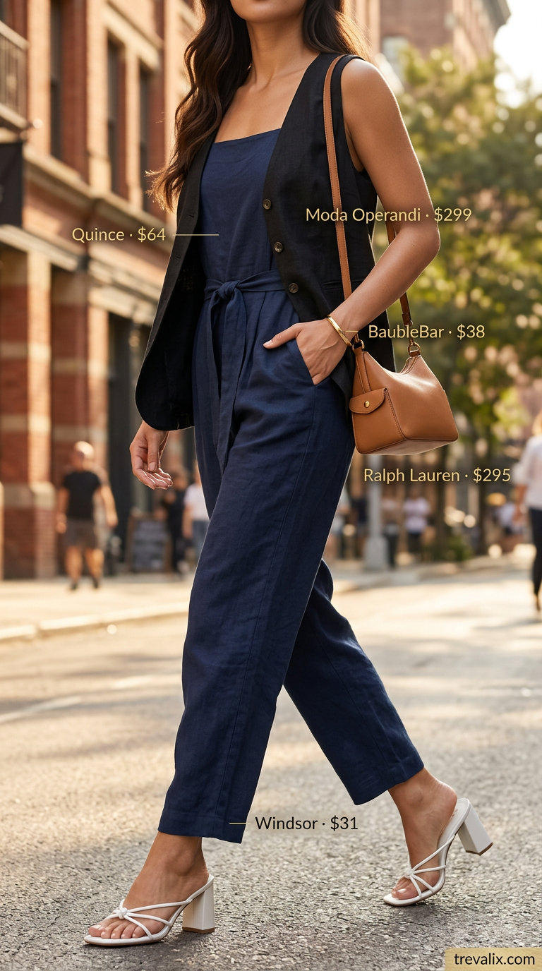 NYC linen summer outfits for women 2026: Navy wide-leg jumpsuit with white mules for day out.