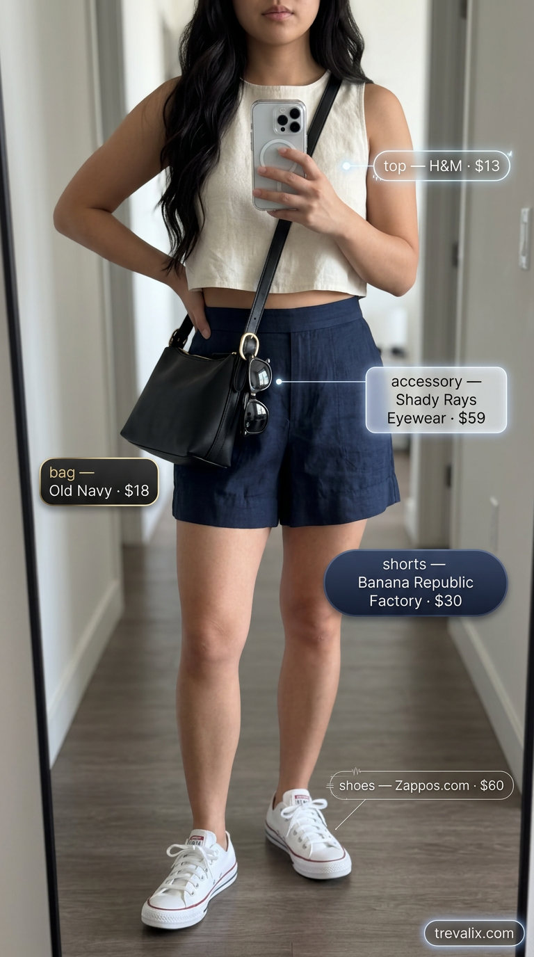 NYC linen summer outfits for women 2026: Navy linen shorts with graphic tee and sneakers for casual day out.