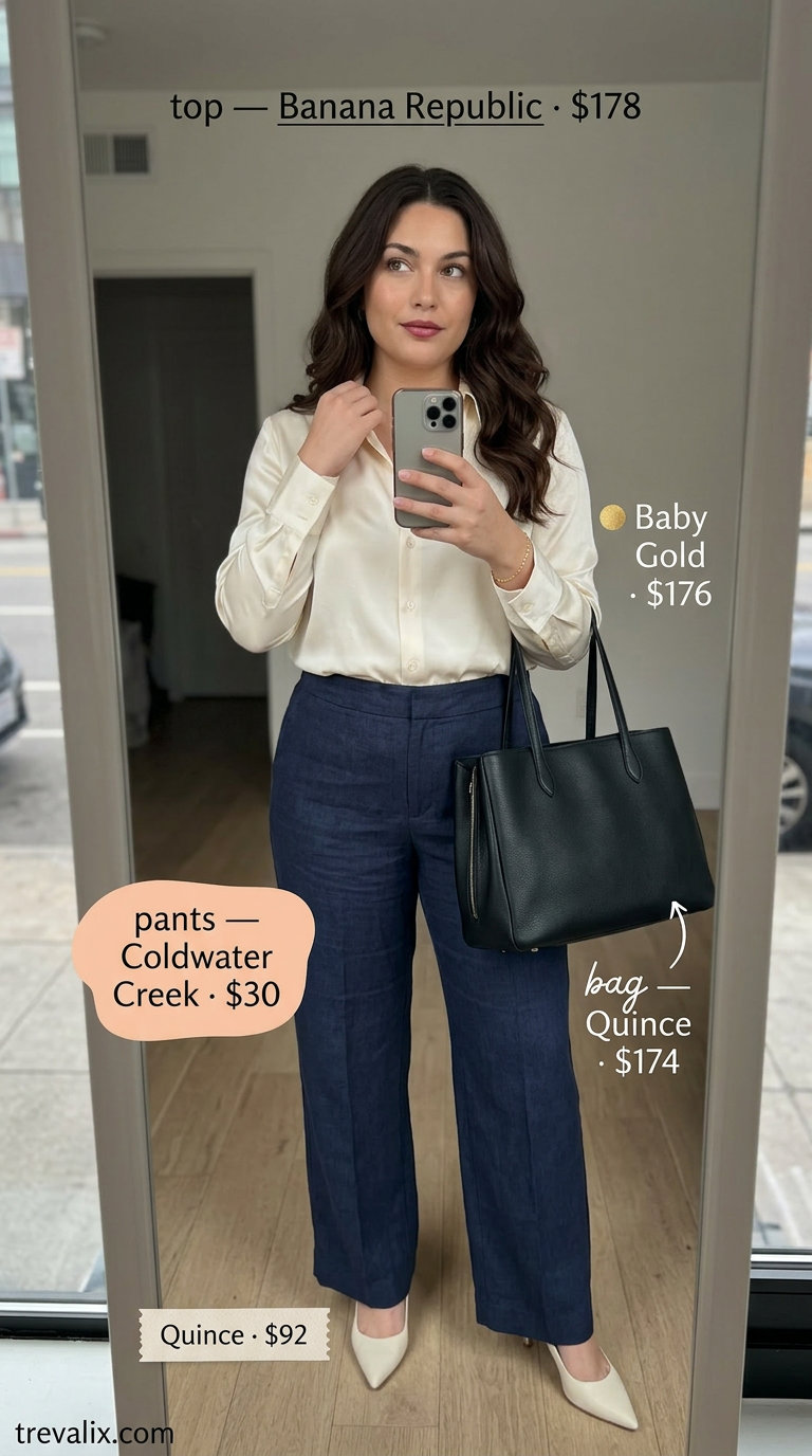 Professional NYC linen summer outfits for women 2026: Navy linen trousers with cream silk blouse.