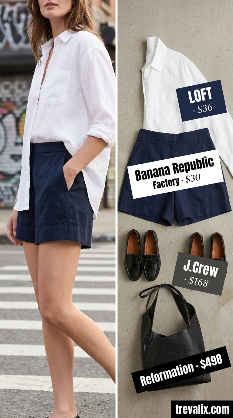NYC linen summer outfits for women 2026: White linen shirt, navy shorts, loafers for city.