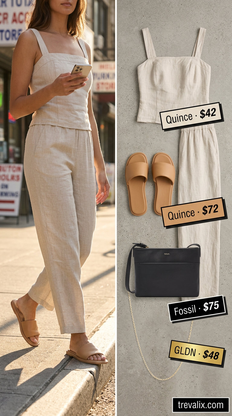 NYC linen summer outfits for women 2026: Oatmeal wide-leg pants, white tank, tan slides for brunch.