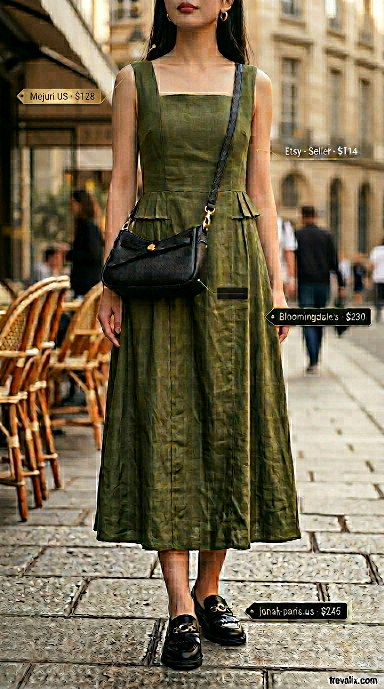 Sophisticated NYC linen summer outfits for women 2026: Olive green midi dress with loafers.