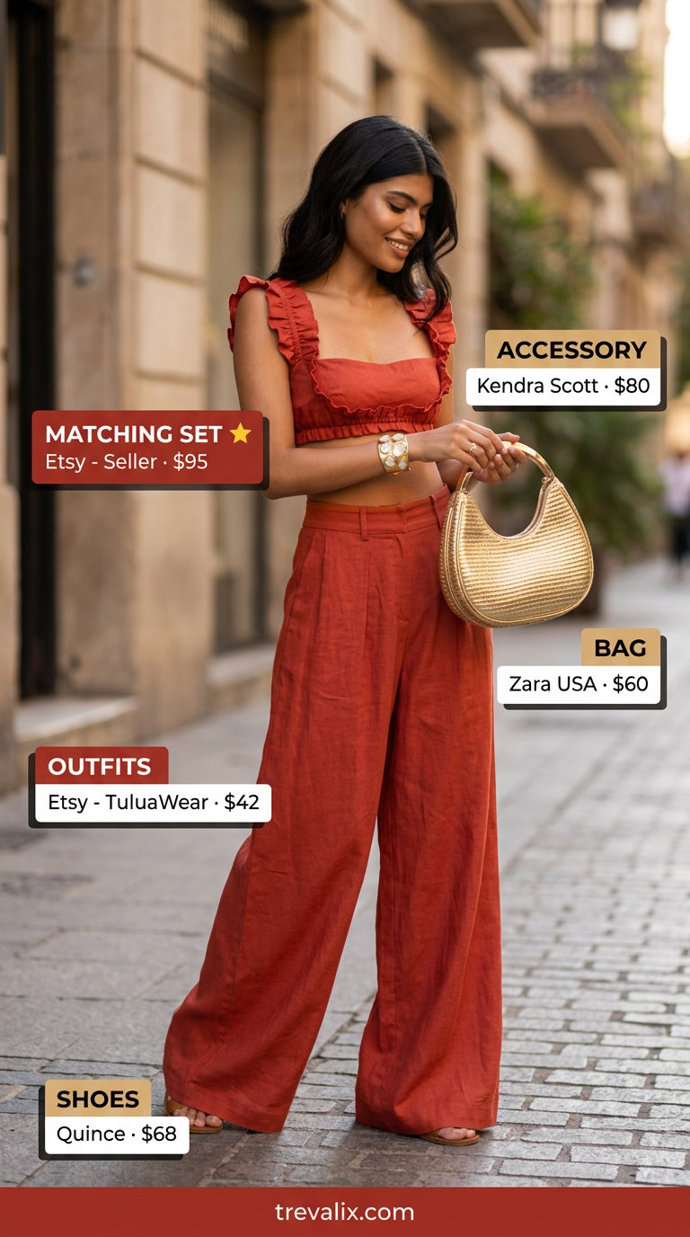 NYC linen summer outfits for women 2026: Terracotta linen set with cream heels for event.