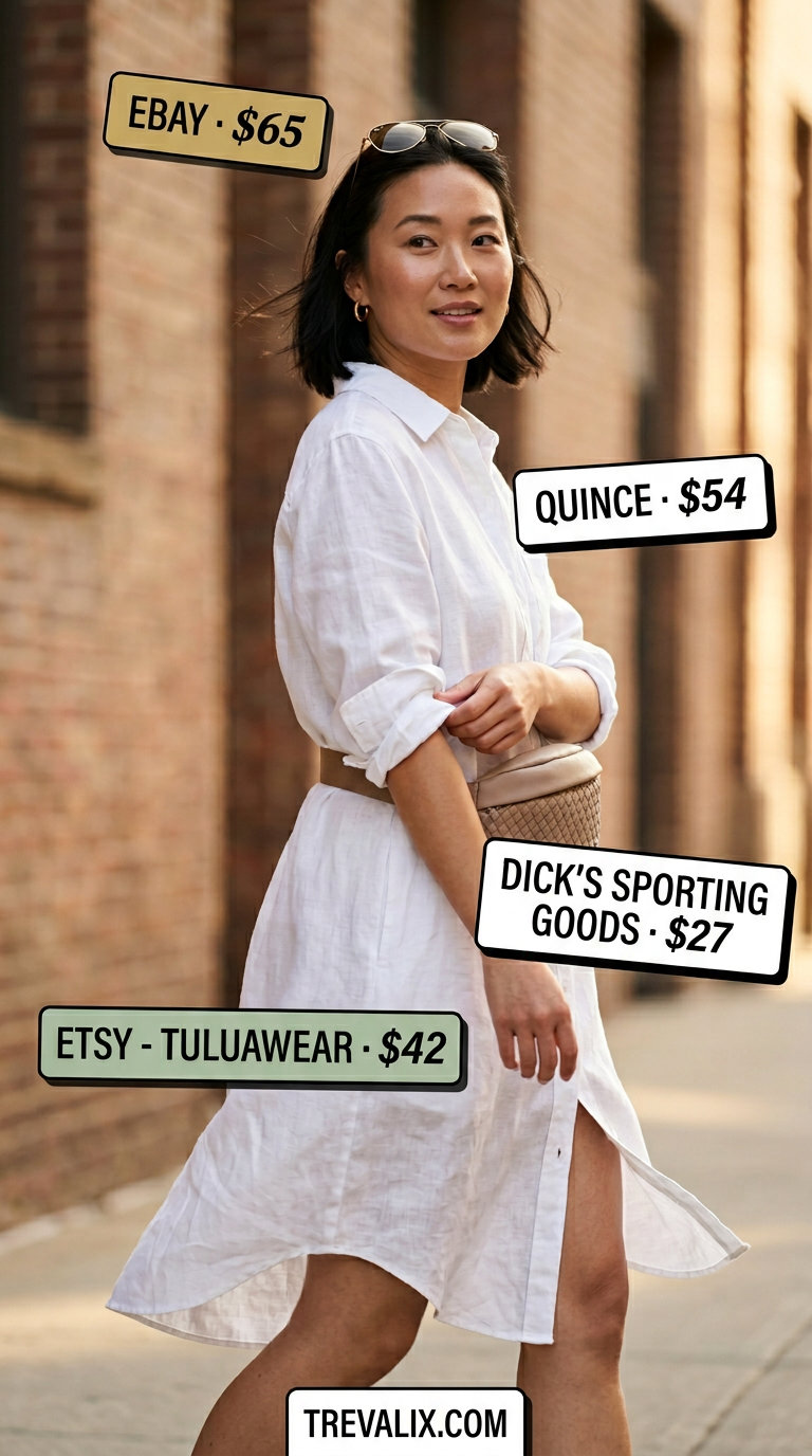 NYC linen summer outfits for women 2026: White oversized linen shirt dress with raffia belt bag for casual day out.
