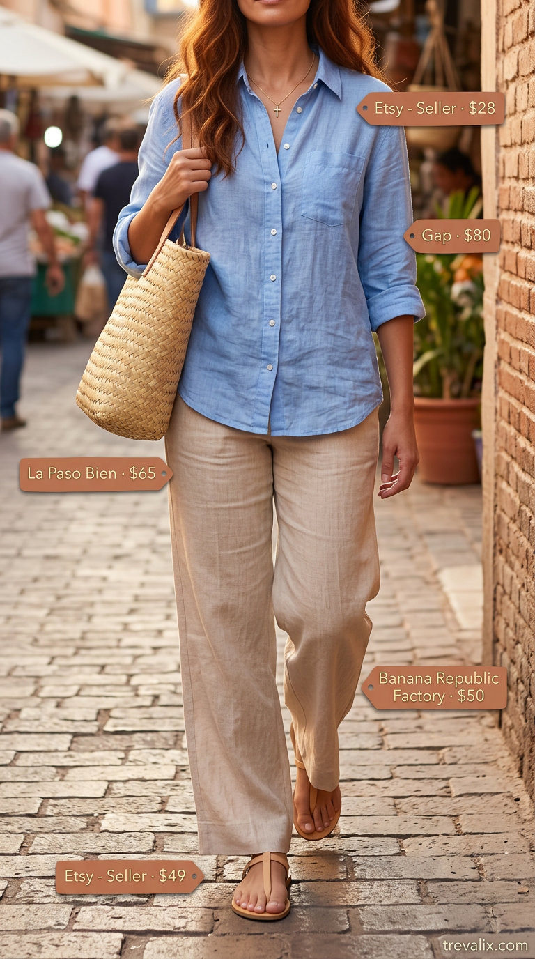 NYC linen summer outfits for women 2026: White wide-leg linen pants with an oversized sky blue shirt.