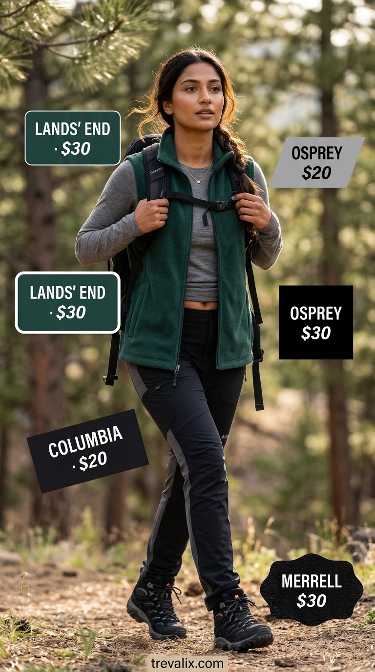 Resilient Outdoor Hiking Outfits for Women 2026 Outdoor hiking outfits summer for women 2026: Forest green fleece vest, heather grey base layer, and black hiking pants for alpine ascents.