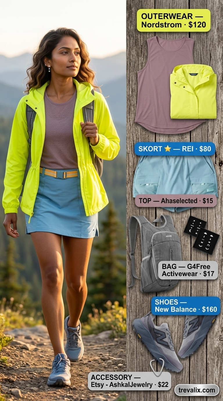 Outdoor Hiking Outfits Summer for Women 2026: Alpine Meadow Teal skort, stone gray tank, lemon yellow jacket for outdoor hiking outfits summer for women 2026.