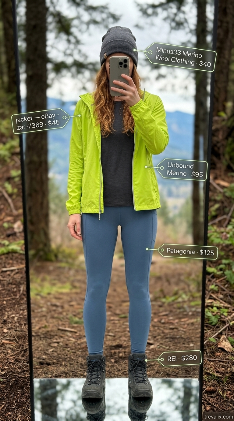 Mountain Hiking Outfits 2026 Outdoor hiking outfits summer for women 2026: Slate blue leggings, charcoal base layer, lime green windbreaker for mountain hikes.