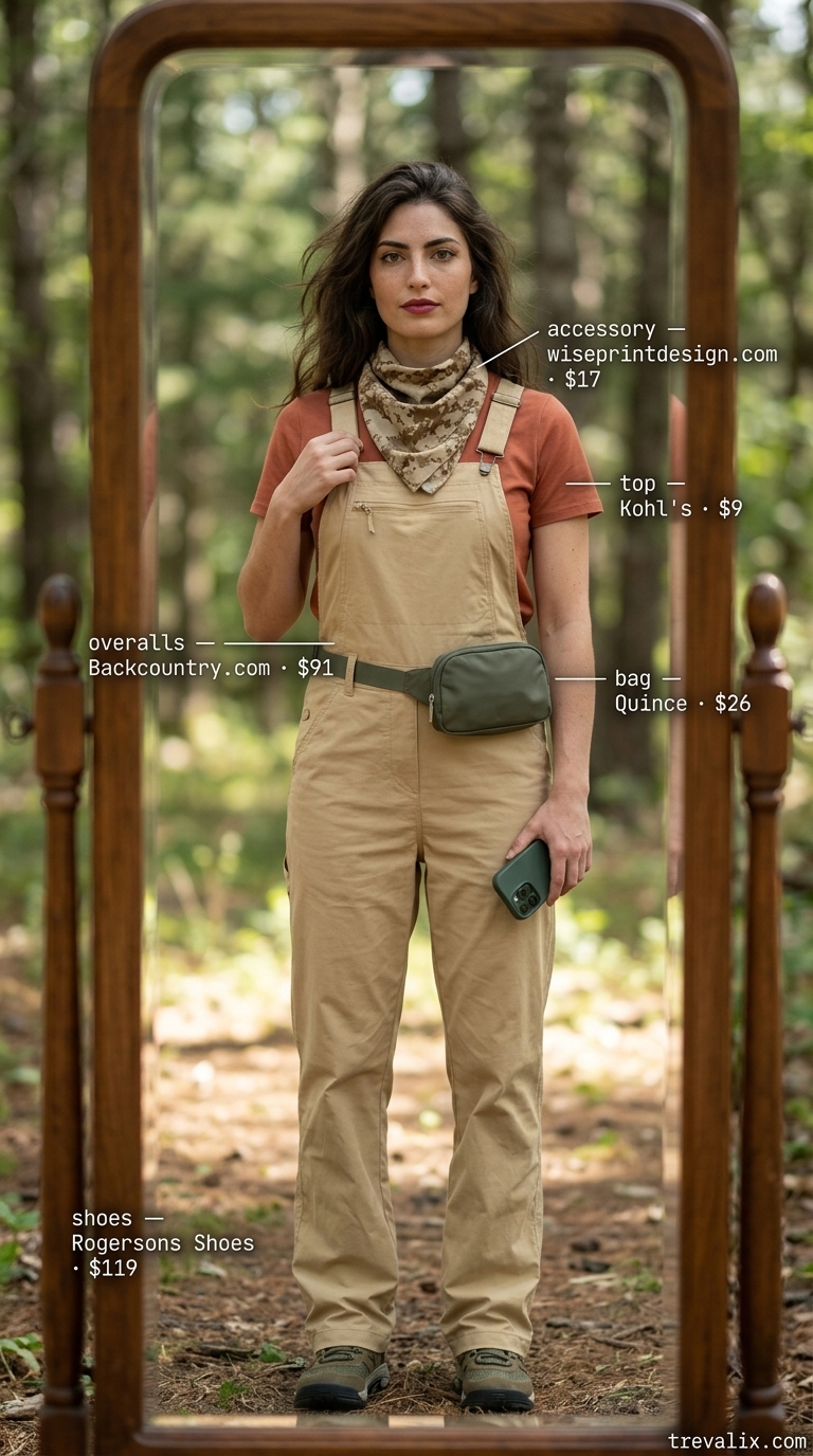 Whimsical Hiking Outfits 2026 Outdoor hiking outfits summer for women 2026: Sand overalls, terracotta tee, olive hip pack for whimsical nature exploration.