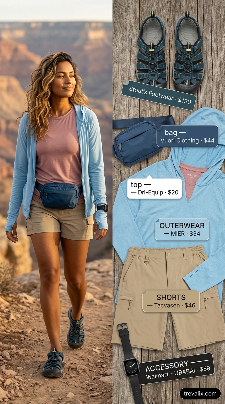 Outdoor Hiking Outfits Summer for Women 2026: Canyon Explorer Khaki shorts, white tee, sky blue hoodie & navy sandals for outdoor hiking outfits summer for women 2026.