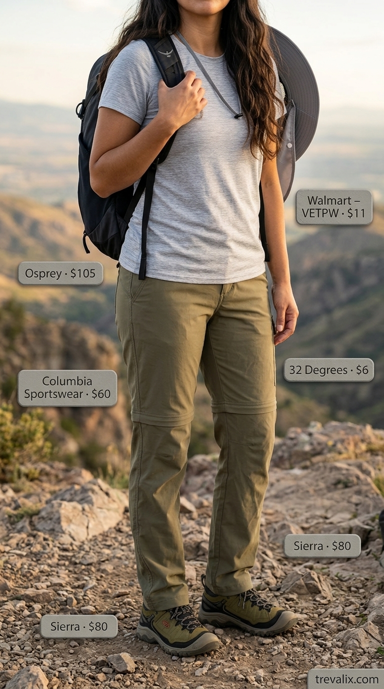 Day Hike Outfits for Women 2026 Outdoor hiking outfits summer for women 2026: Khaki convertible pants, olive shoes, grey hat for adventurous day hikes.