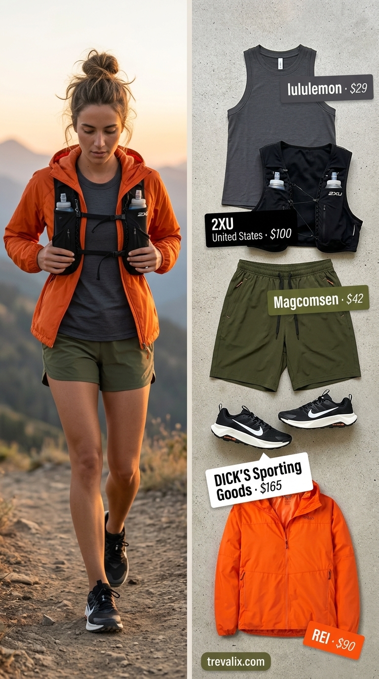 Dynamic Outdoor Hiking Outfits for Women 2026 Outdoor hiking outfits summer for women 2026: Olive green shorts, charcoal tank, and bright orange wind shell for canyon exploration.