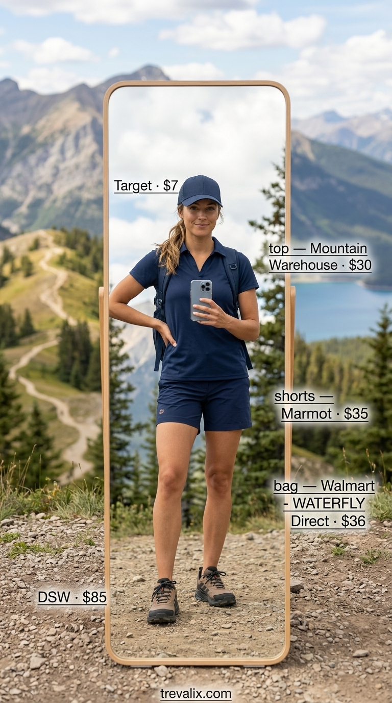 Coastal Hiking Outfits for Women 2026 Outdoor hiking outfits summer for women 2026: Navy shorts, white polo, tan waterproof shoes for polished coastal hikes.