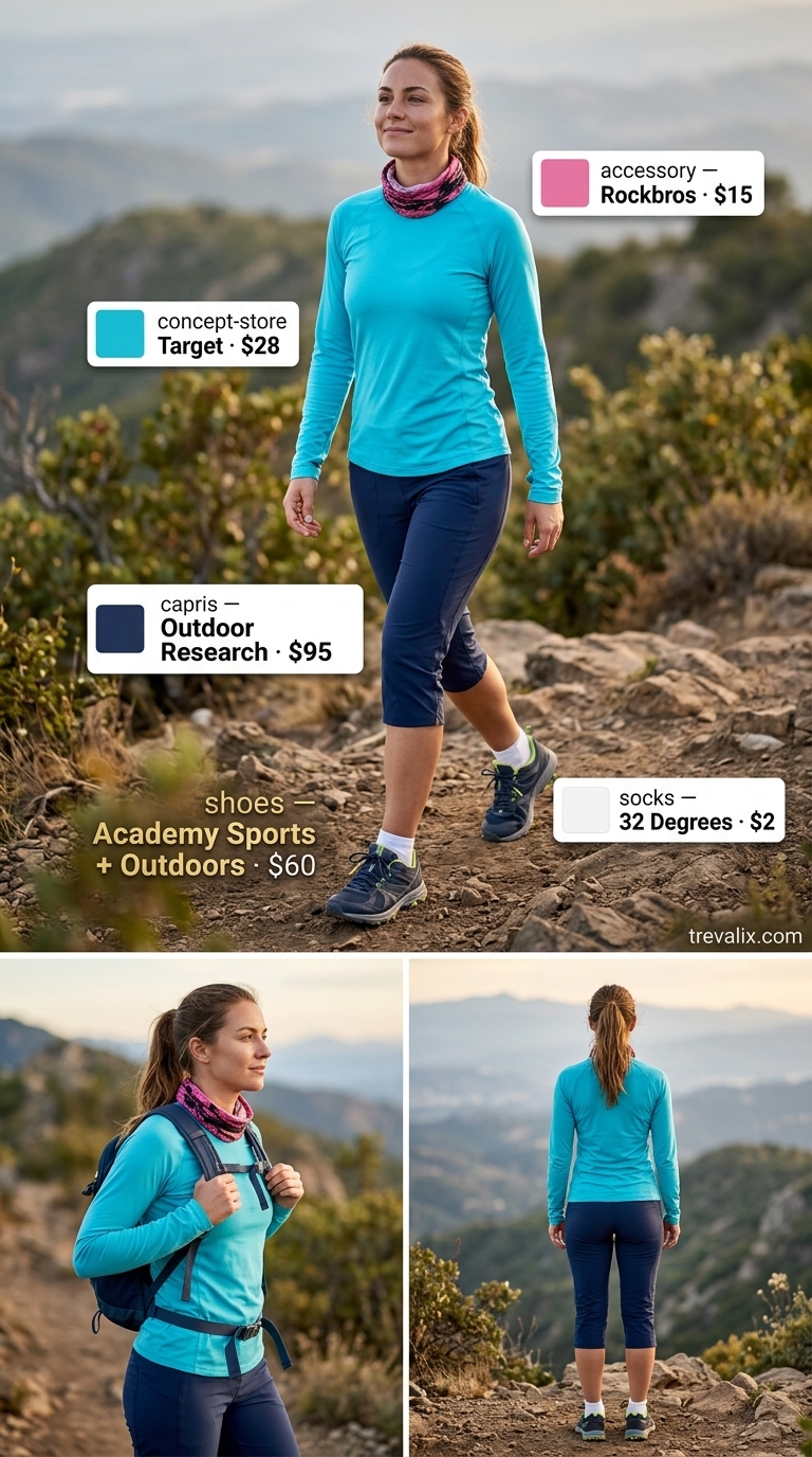 Outdoor Hiking Outfits Summer for Women 2026: Coastal Bluff Navy capris, light blue sun shirt, red bandana for outdoor hiking outfits summer for women 2026.