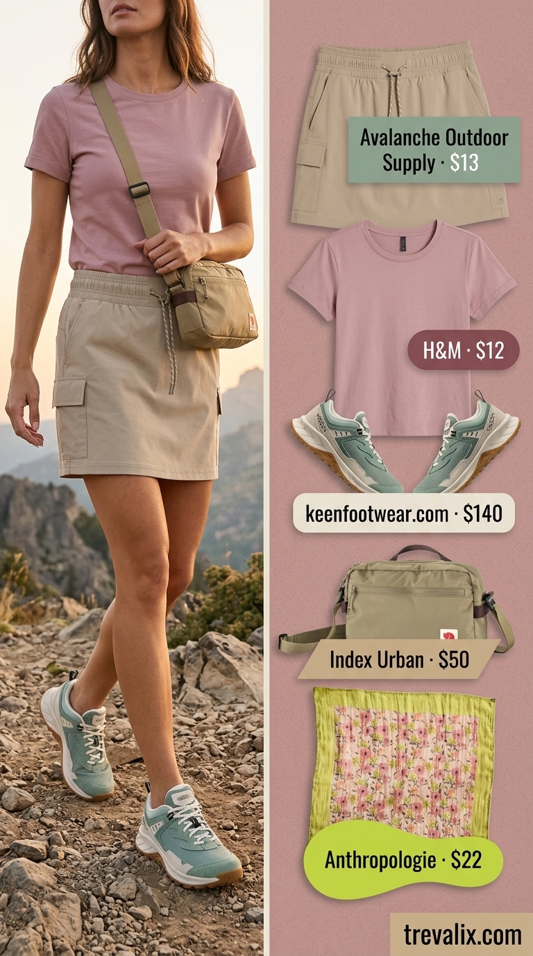 Stylish Outdoor Hiking Outfits for Women 2026 Outdoor hiking outfits summer for women 2026: Sand beige skort, dusty rose tee, and sage green sneakers for a comfortable desert walk.