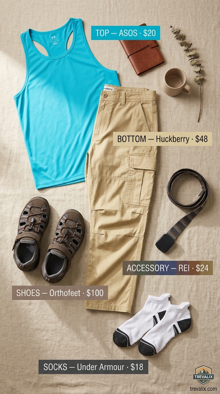 Outdoor Hiking Outfits Summer for Women 2026: Desert Bloom Sand cargo pants, turquoise tank, brown sandals for outdoor hiking outfits summer for women 2026.