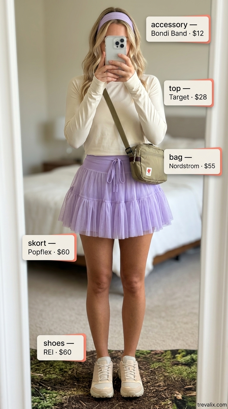 Casual Hiking Outfits for Women 2026 Outdoor hiking outfits summer for women 2026: Lavender skort, cream UPF shirt, tan sneakers for playful nature walks.