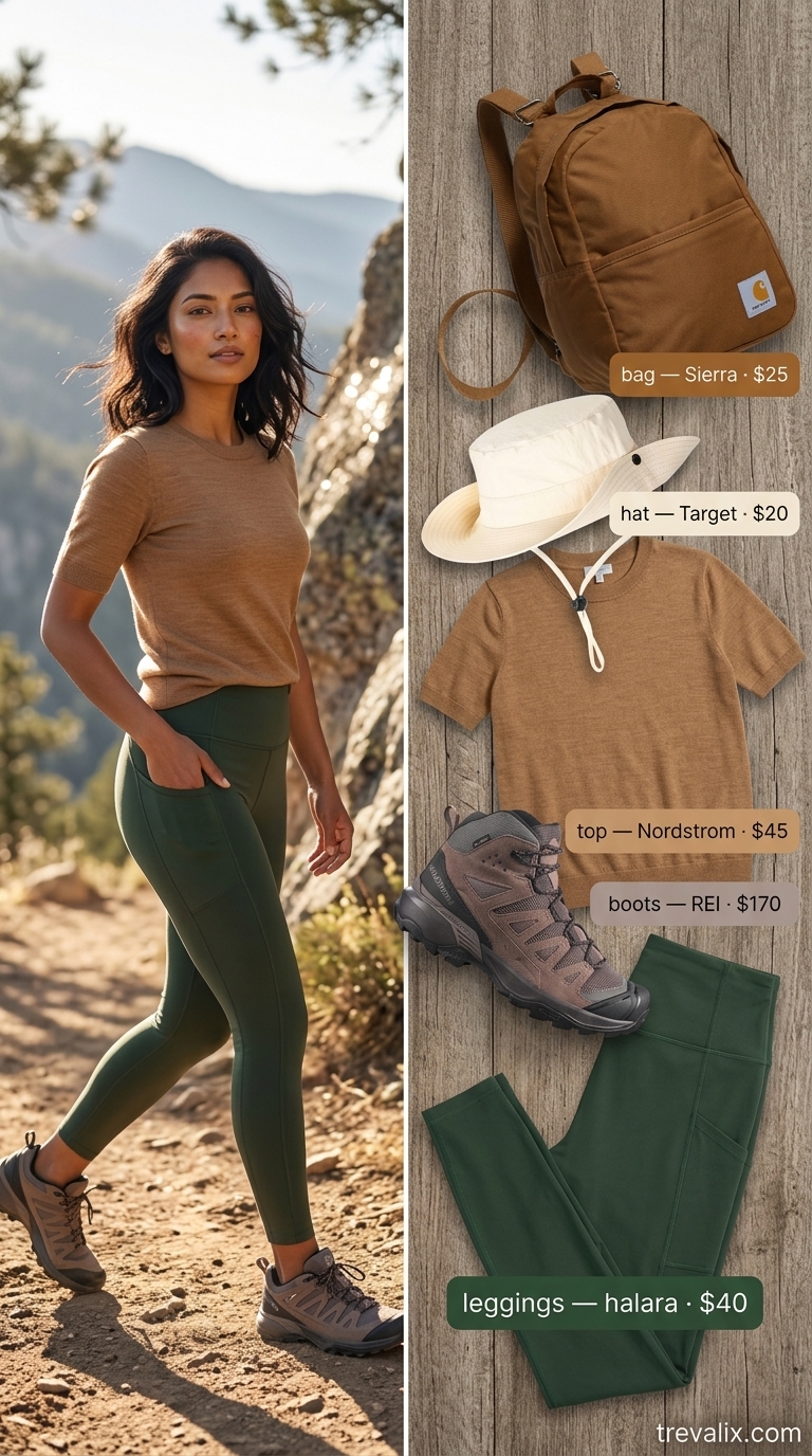 Outdoor Hiking Outfits Summer for Women 2026: Forest Nomad Forest green leggings, tan top, cream hat & brown boots for outdoor hiking outfits summer for women 2026.