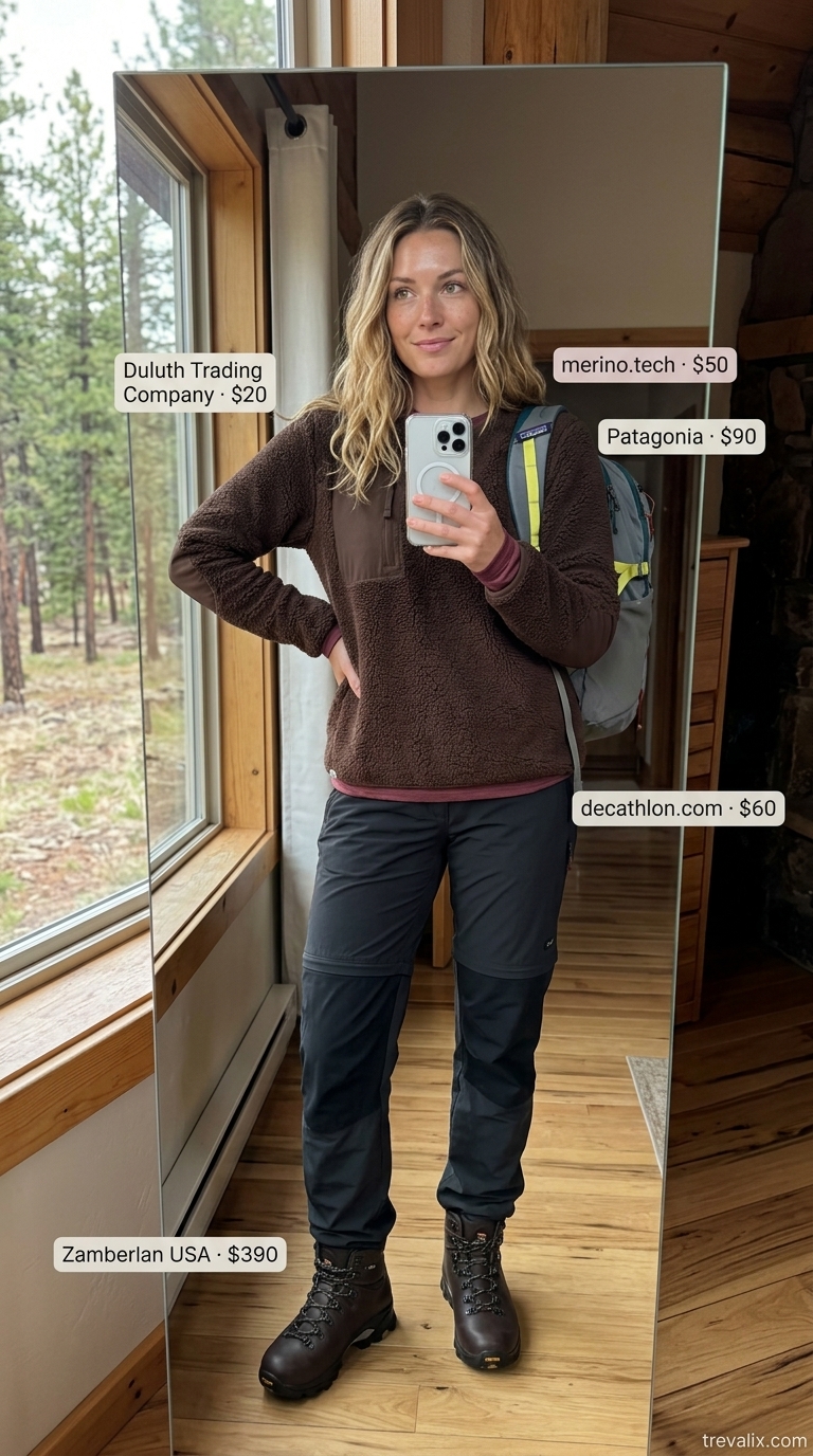 High Altitude Hiking Outfits 2026 Outdoor hiking outfits summer for women 2026: Burgundy merino wool top, brown fleece, dark grey pants for cool high altitude treks.