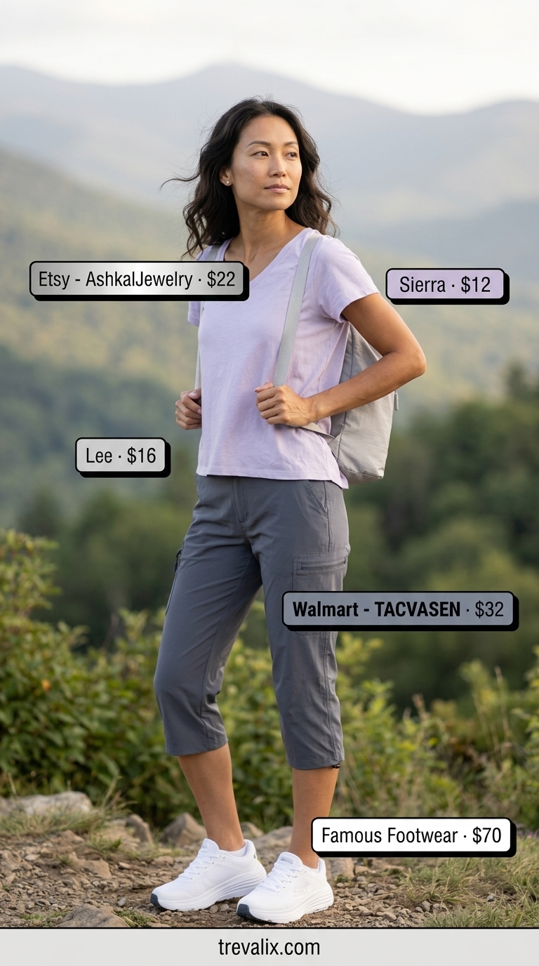 Comfortable Outdoor Hiking Outfits for Women 2026 Outdoor hiking outfits summer for women 2026: Slate grey cropped pants, lavender tee, and white athletic shoes for a comfortable nature trail walk.