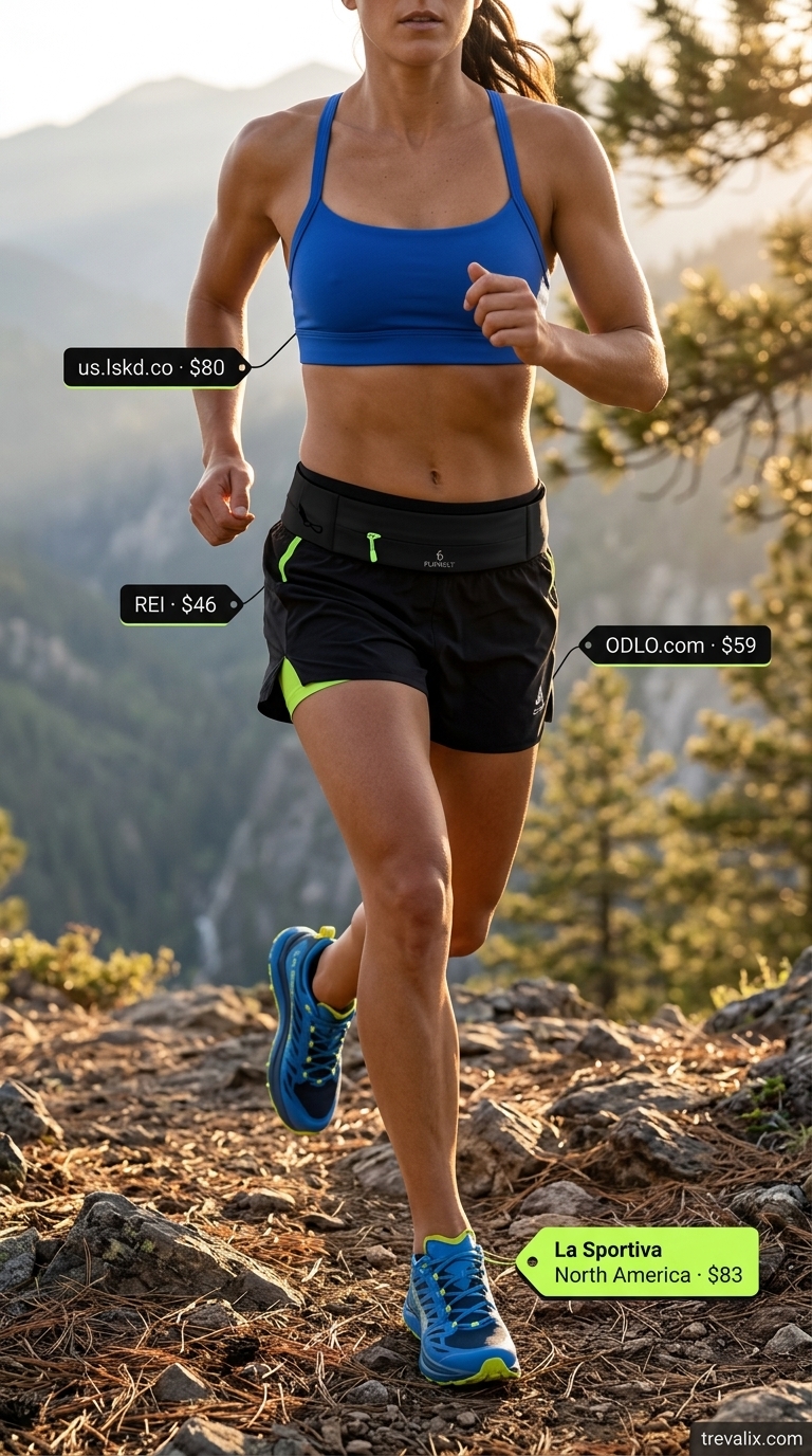 Athletic Outdoor Hiking Outfits for Women 2026 Outdoor hiking outfits summer for women 2026: Electric blue trail running shoes, black shorts, and performance top for high-intensity workouts.
