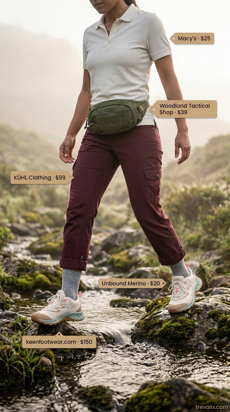 Adaptable Outdoor Hiking Outfits for Women 2026 Outdoor hiking outfits summer for women 2026: Deep burgundy roll-up pants, cream polo, and tan water-friendly shoes for wet trail hikes.