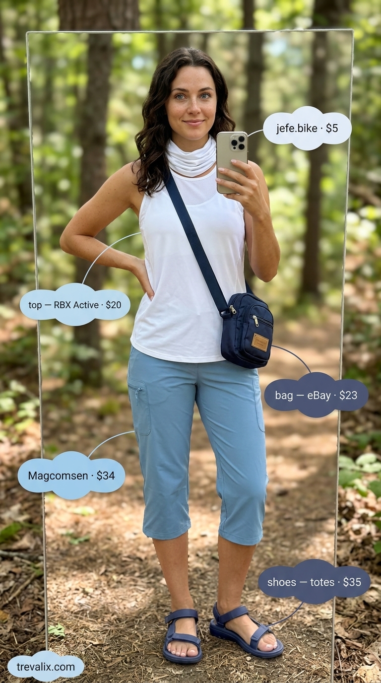 Riverside Hiking Outfits 2026 Outdoor hiking outfits summer for women 2026: Sky blue capris, white tank, navy sandals for relaxed riverside walks.