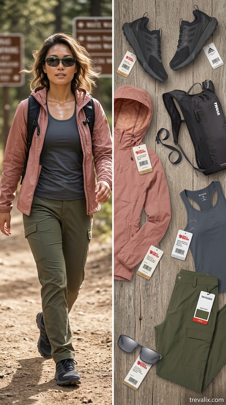 Outdoor Hiking Outfits Summer for Women 2026: Summit Seeker Olive green pants, charcoal tank, dusty rose jacket for outdoor hiking outfits summer for women 2026.