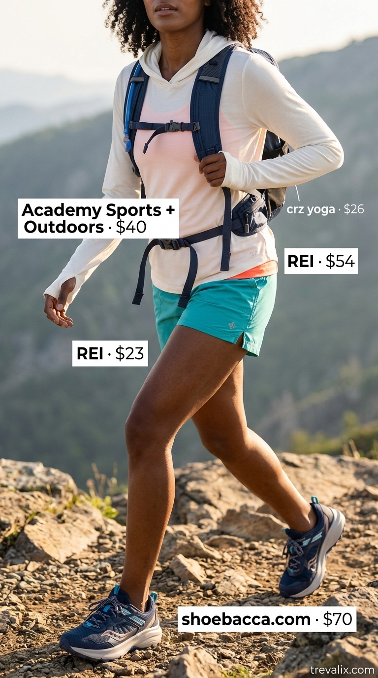 Trail Running Outfits for Women 2026 Outdoor hiking outfits summer for women 2026: Teal shorts, coral tank, white sun hoodie for vibrant trail running.