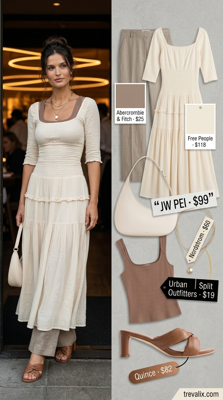 Effortless outdoor summer date night outfits for women 2026: cream linen pants, taupe tank, gold mules.
