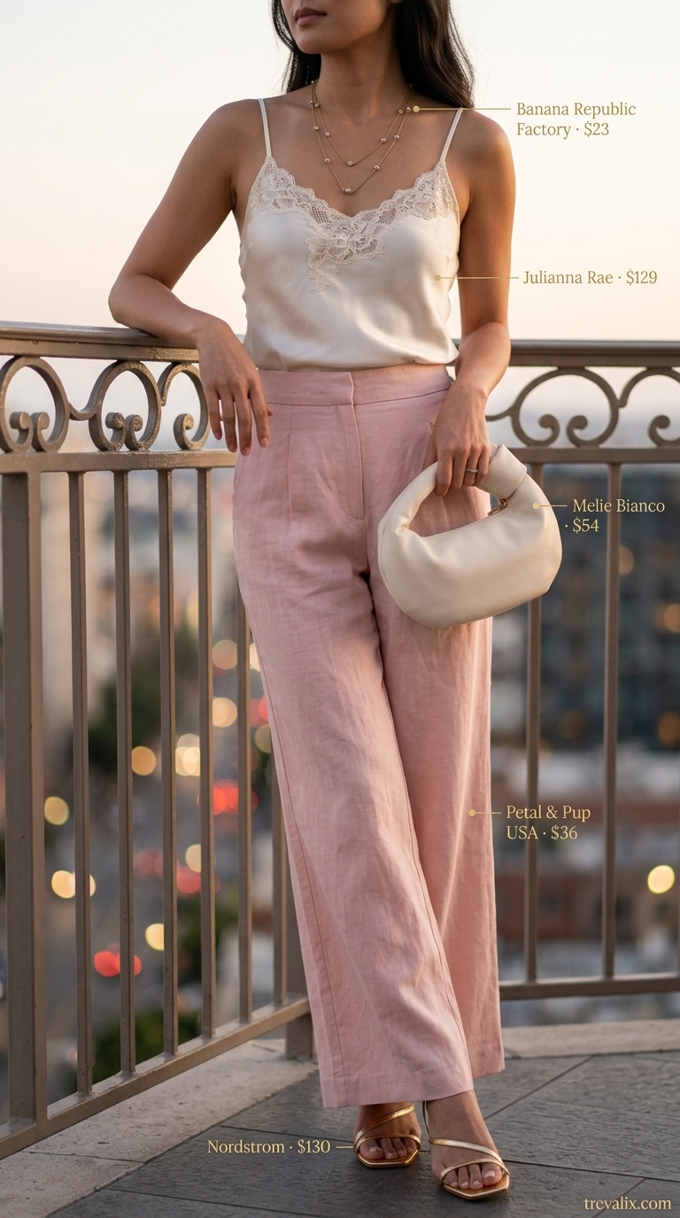 Elegant outdoor summer date night outfits for women 2026: blush linen pants, cream cami, gold sandals.