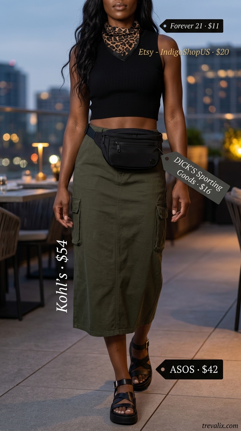 Cool outdoor summer date night outfits for women 2026: khaki cargo skirt, black crop top, bandana.