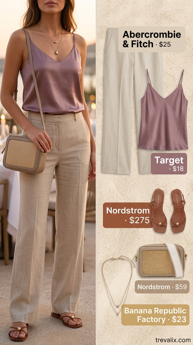 Outdoor summer date night outfits for women 2026: Cream linen pants, terra cotta camisole & tan sandals for a relaxed coastal vibe.