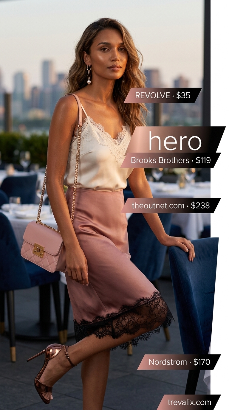 Outdoor summer date night outfits for women 2026: Dusty rose satin skirt, ivory camisole & bronze heels for a glamorous evening.