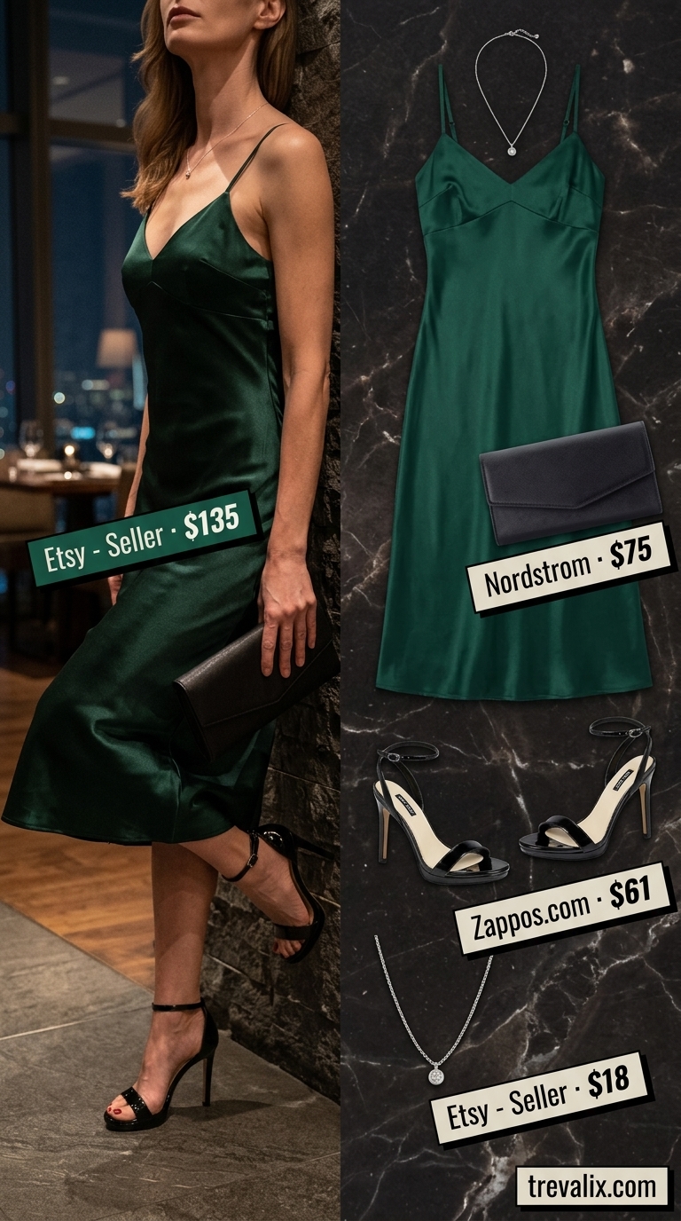 Outdoor summer date night outfits for women 2026: Emerald green slip dress, black sandals & clutch for an upscale evening.