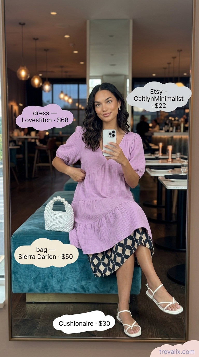 Charming outdoor summer date night outfits for women 2026: lavender babydoll dress, pearl bag.