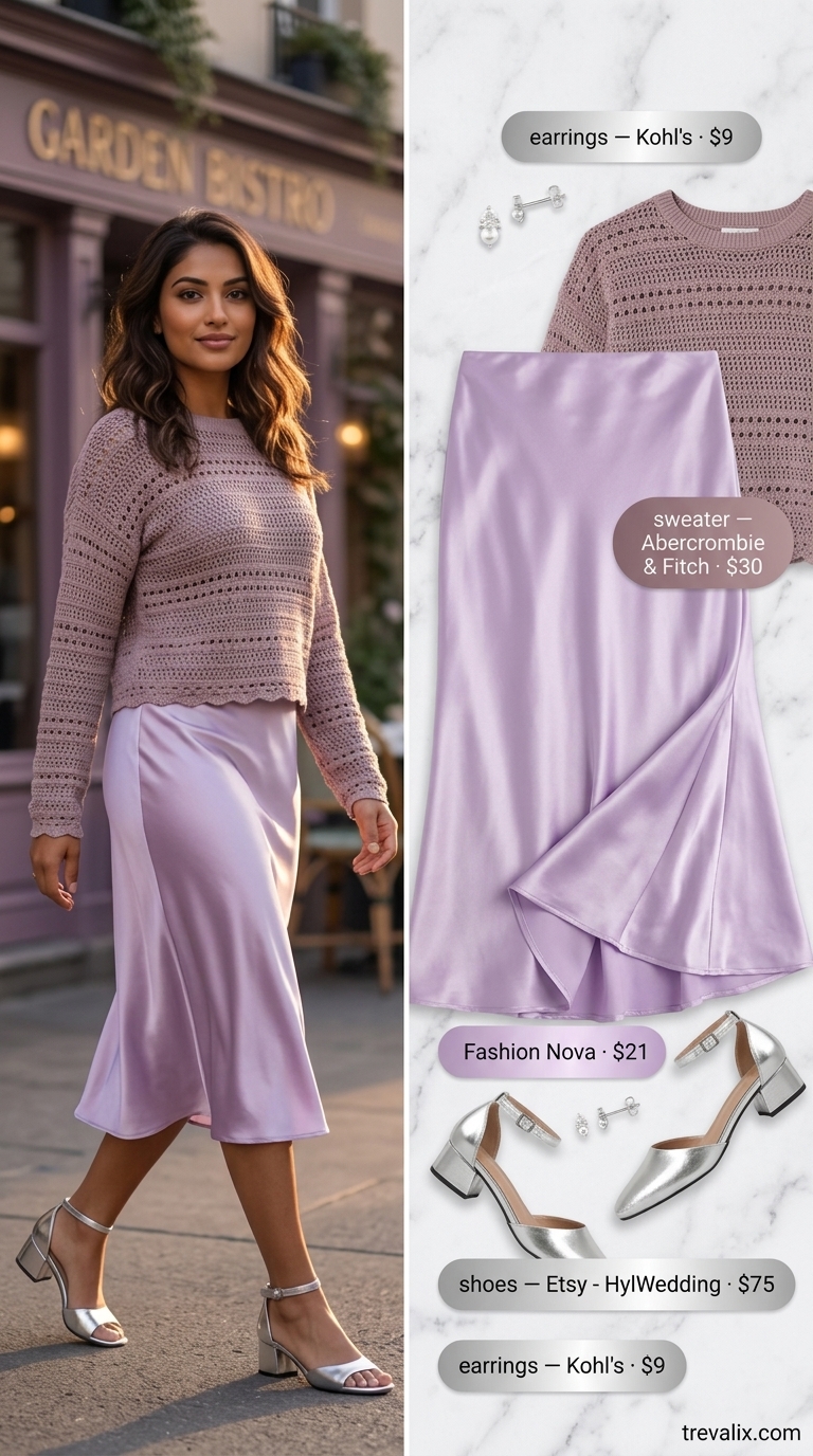 Outdoor summer date night outfits for women 2026: Lavender satin skirt, white knit top & silver sandals for a charming garden look.