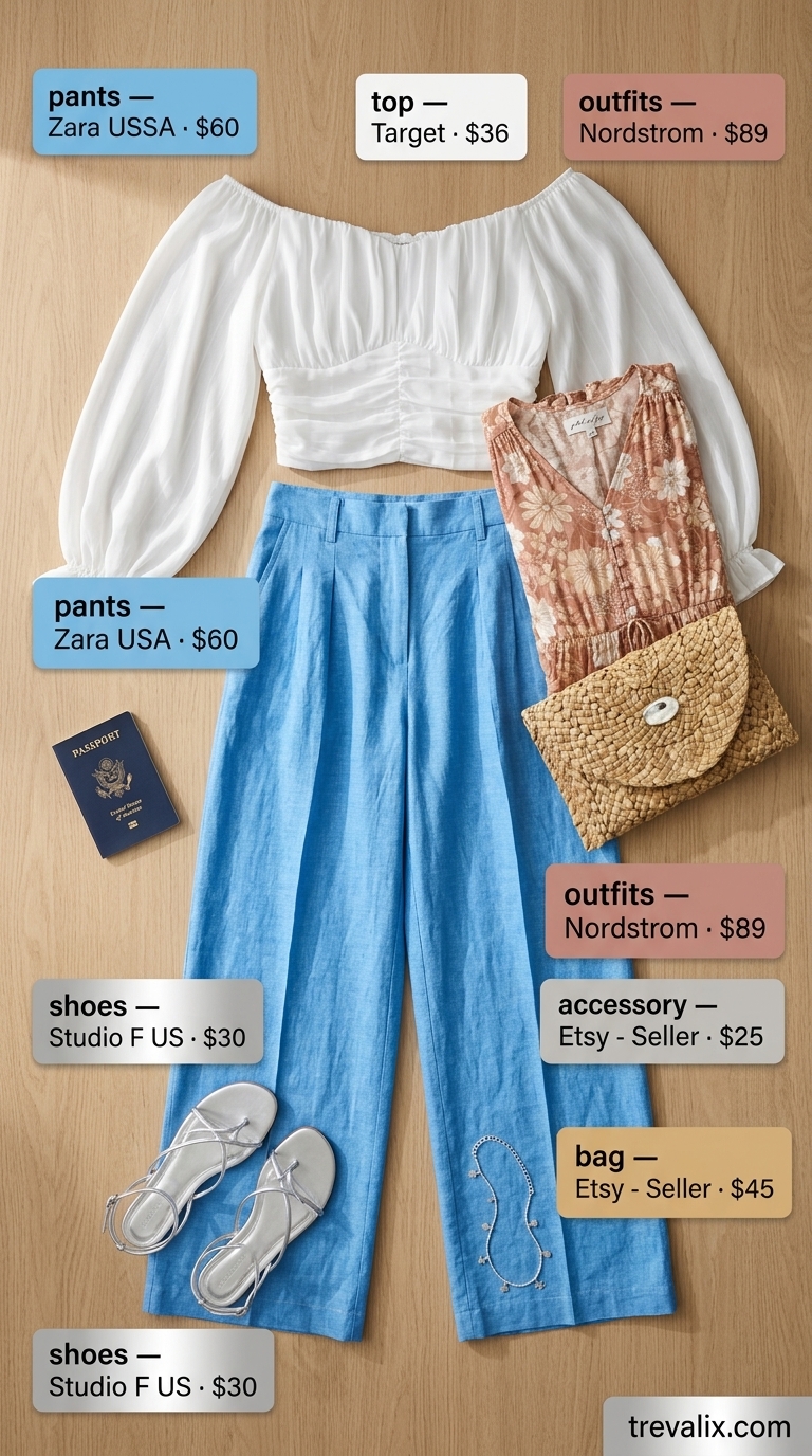 Sky blue linen pants and white off-shoulder top for outdoor summer date night outfits for women 2026. Beachfront dinner style.