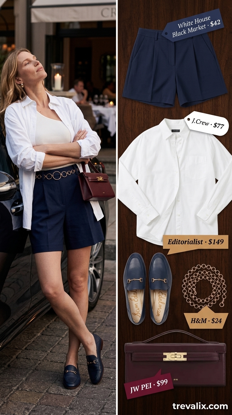 Outdoor summer date night outfits for women 2026: Navy shorts, white shirt, red bag & gold belt for a chic art walk look.