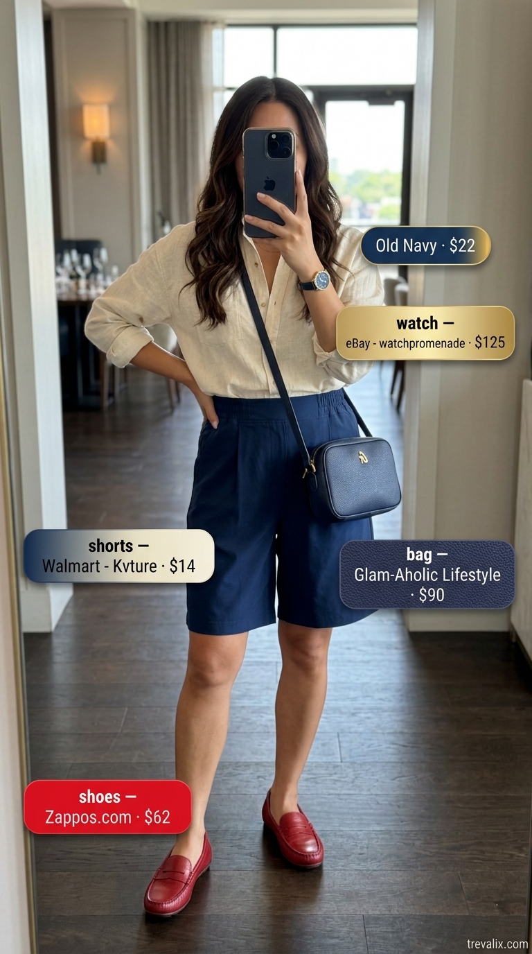 Outdoor summer date night outfits for women 2026: Navy shorts, ivory shirt & red loafers for a polished nautical look.