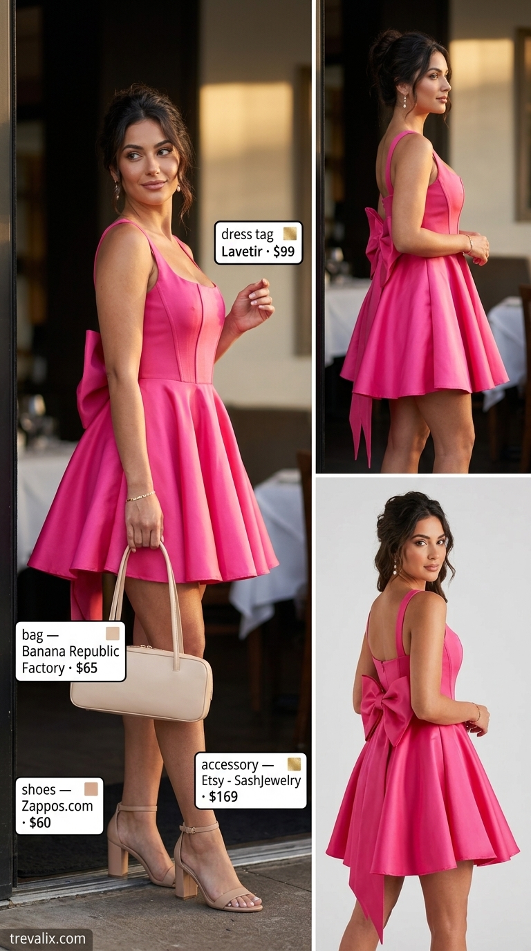 Hot pink fit-and-flare mini dress for outdoor summer date night outfits for women 2026. Paired with nude sandals and a structured bag.