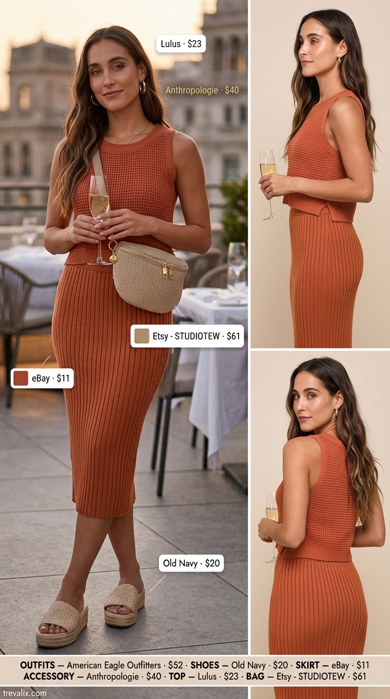 Rust orange ribbed knit set with midi skirt for outdoor summer date night outfits for women 2026. Art fair style.