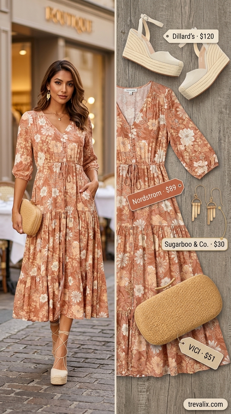 Romantic outdoor summer date night outfits for women 2026: terracotta floral maxi dress, espadrille wedges.