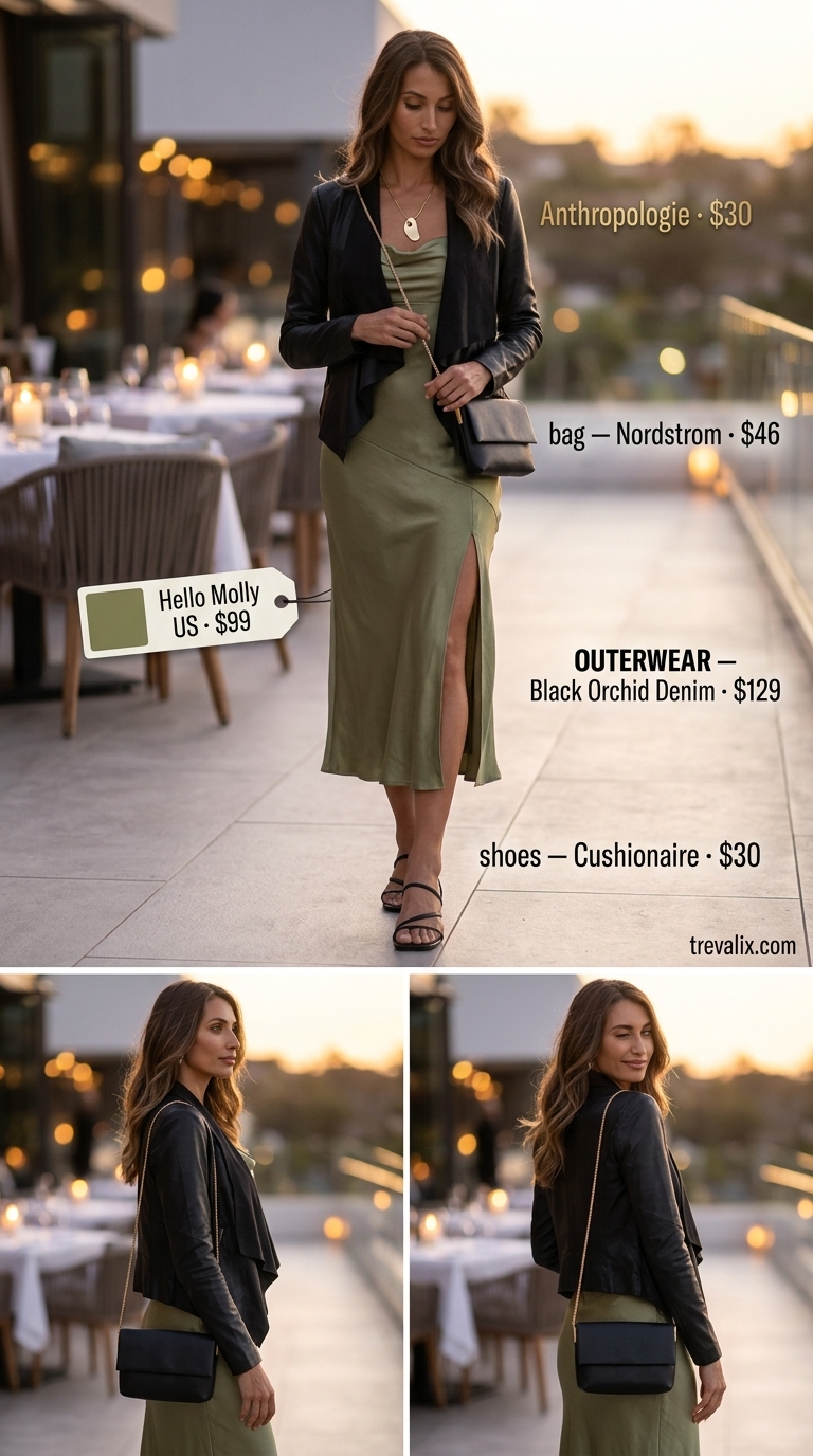 Olive green satin slip dress with faux leather jacket for outdoor summer date night outfits for women 2026.